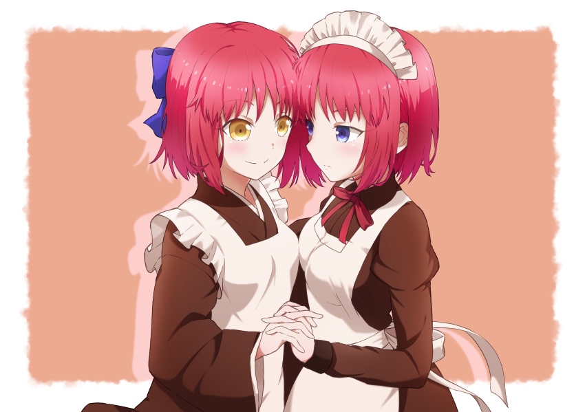 2girls, apron, azami_masurao, black_kimono, black_shirt, blue_bow, blue_eyes, border
