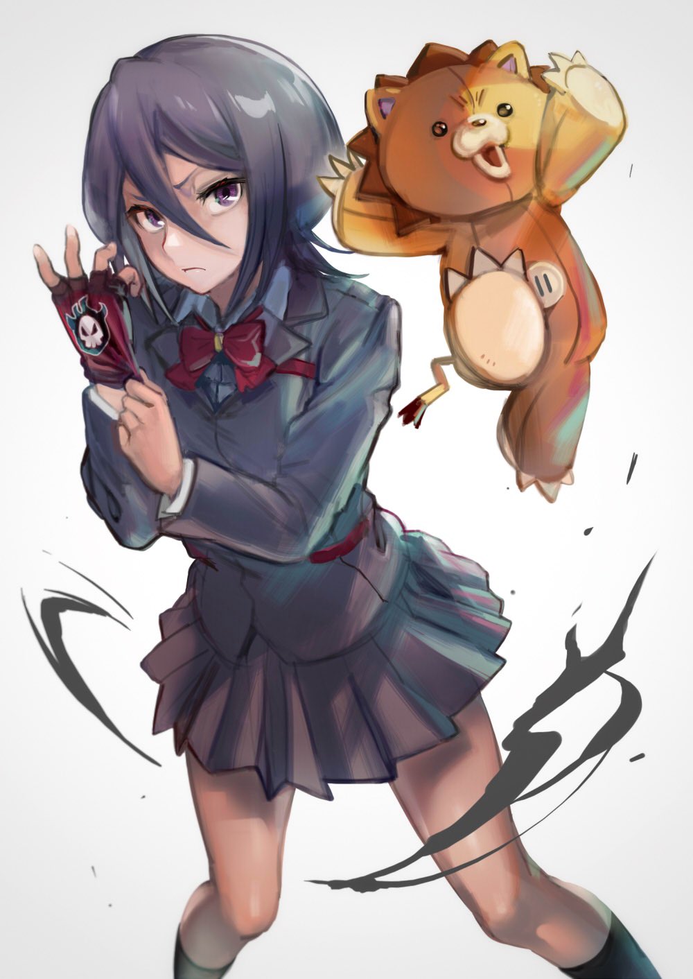 1girl, adjusting_clothes, adjusting_gloves, bangs, black_hair, black_legwear, blazer, bleach