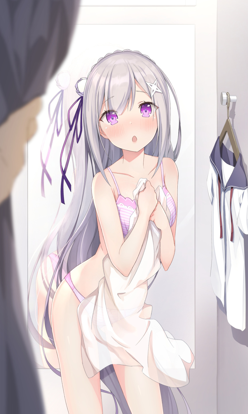 1girl, absurdres, blurry_foreground, bra, braid, collarbone, crown_braid, echiru39