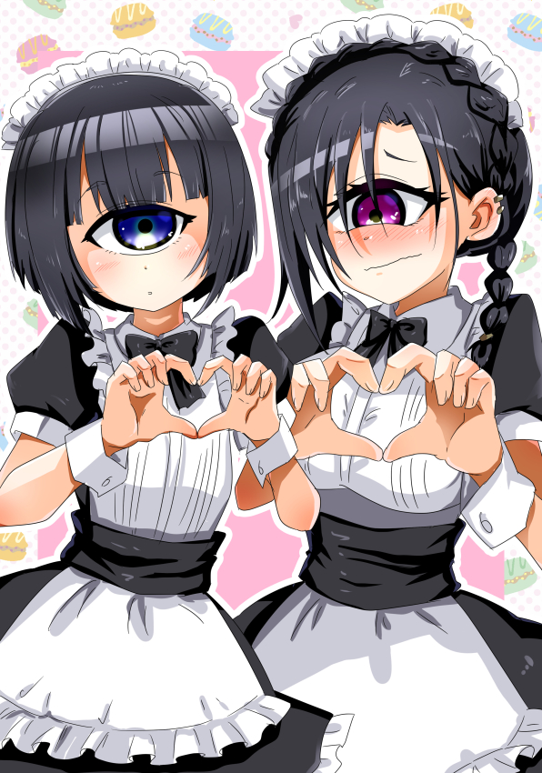 2girls, alternate_costume, black_hair, blue_eyes, blush, braid, cowboy_shot, crossover