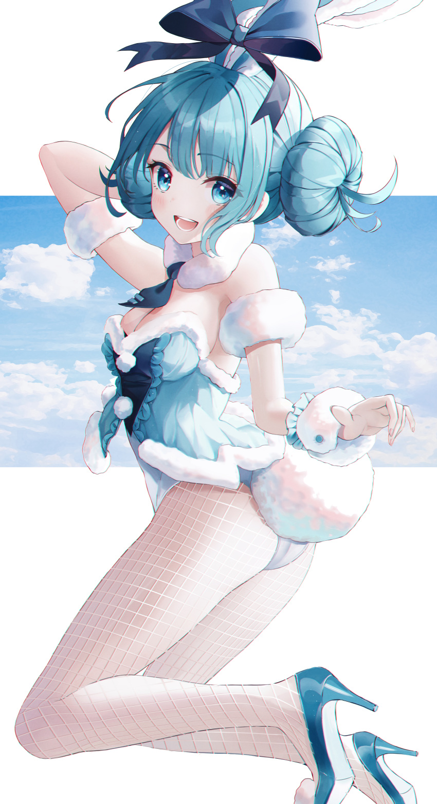 1girl, :d, absurdres, animal_ears, aqua_eyes, aqua_hair, aqua_leotard, arm_up