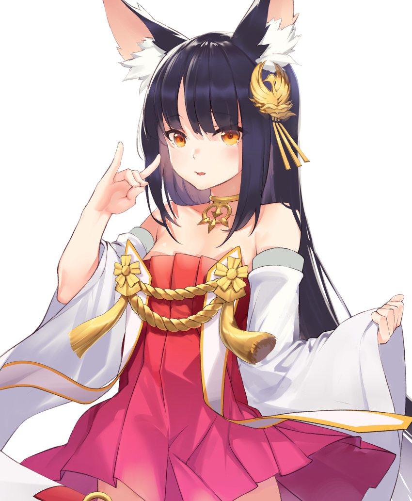 1girl, absurdres, animal_ear_fluff, animal_ears, azur_lane, bangs, breasts, brown_eyes, brown_hair, dress, eyebrows_visible_through_hair, fox_ears, highres, hime_cut, long_hair, long_sleeves, looking_at_viewer, nagato_(azur_lane), ninsaki_(9saki), simple_background, sleeveless, sleeveless_dress, solo, strapless, strapless_dress, white_background, white_sleeves