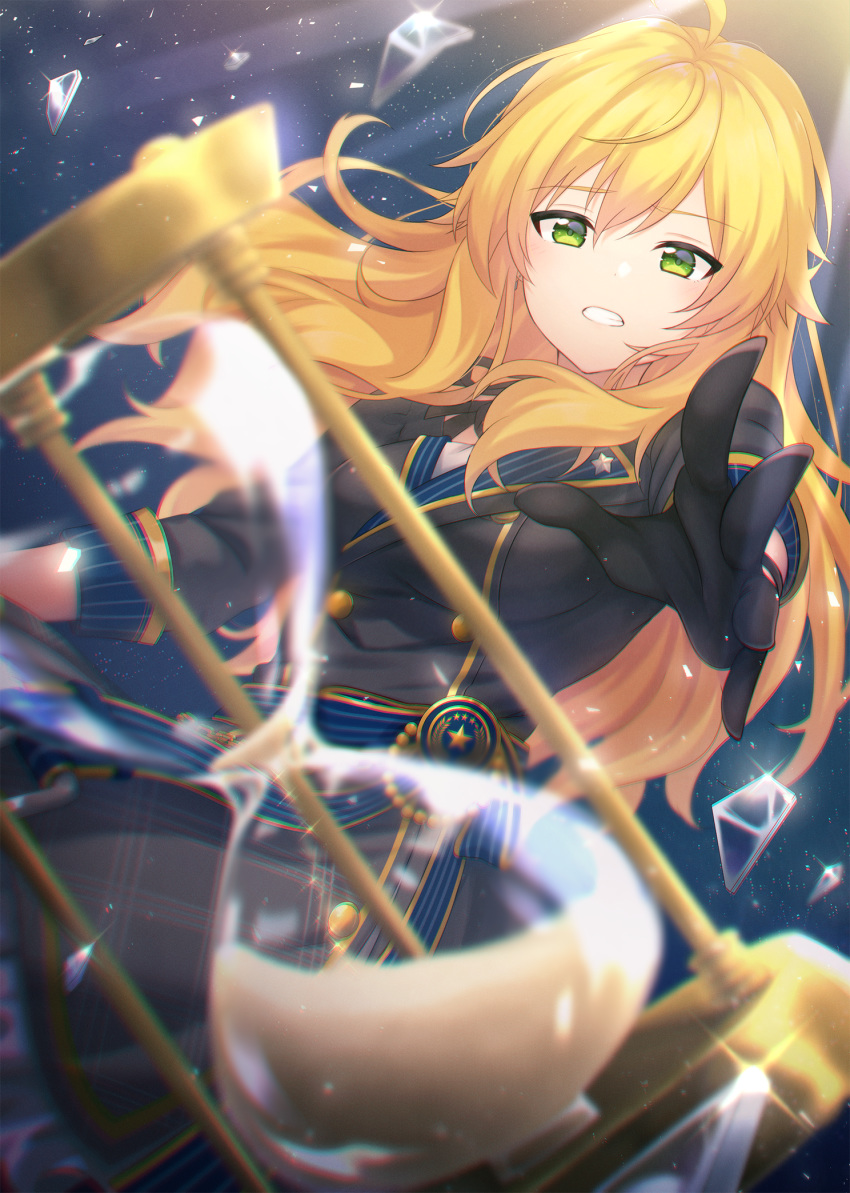 1girl, ahoge, ayumi_(as0206), backlighting, bangs, black_dress, black_gloves, blonde_hair