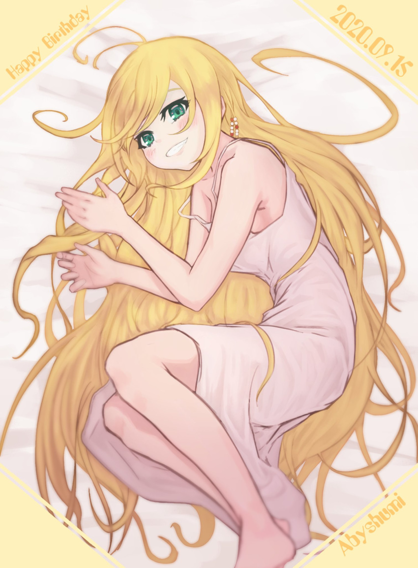 1girl, abysyumi, antenna_hair, artist_name, beads, blonde_hair, commentary, dated, dress, fetal_position, green_eyes, grin, hair_beads, hair_ornament, happy_birthday, highres, long_hair, looking_at_viewer, lying, on_side, smile, solo, spaghetti_strap, tsurumaki_maki, very_long_hair, voiceroid, white_dress