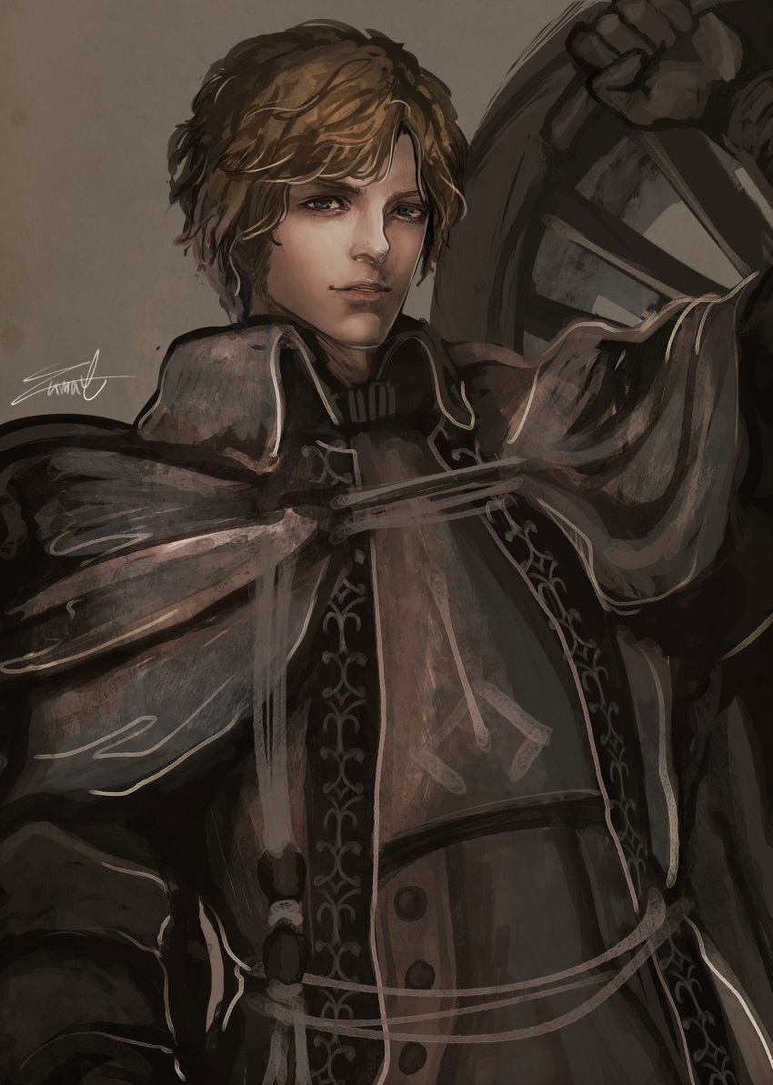 1boy, alfred_(bloodborne), blonde_hair, bloodborne, brown_eyes, collar, eyes, gloves, grey_background, highres, logarius_wheel, nose, smile, wheel, yumae