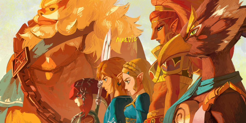 3girls, absurdres, armor, artist_name, beak, beard, blonde_hair, blue_eyes