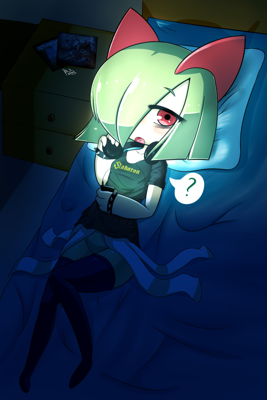 1girl, ?, absurdres, artist_name, bangs, black_legwear, black_shirt, bracelet