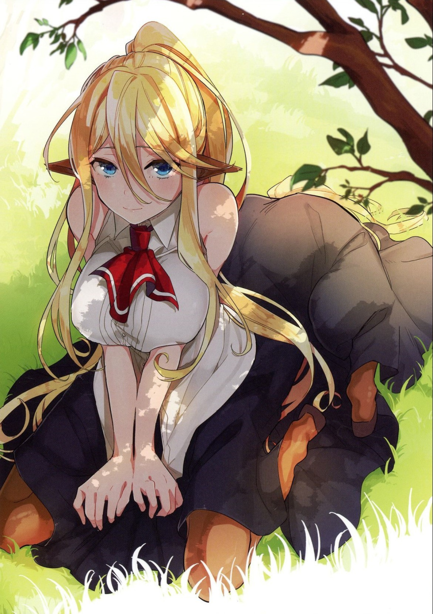 blonde_hair, blue_eyes, blush, breasts, centaur, centorea_shianus, highres, large_breasts