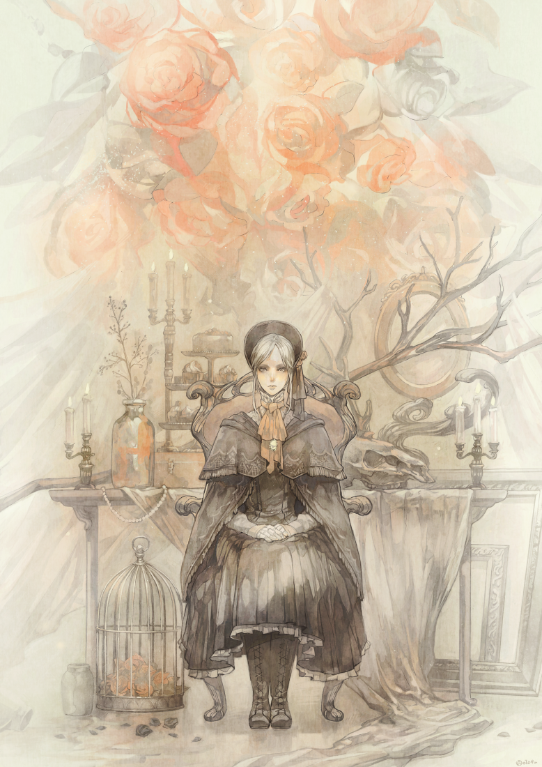 1girl, aqua_eyes, birdcage, bloodborne, cage, cakes, candle, doll