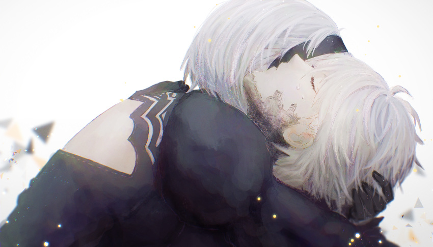 1boy, 1girl, absurdres, back_cutout, black_dress, black_hairband, closed_eyes, commentary_request, dress, hairband, highres, holding_another, hug, huge_filesize, juliet_sleeves, long_sleeves, lying, nier_(series), nier_automata, on_back, puffy_sleeves, shion_(reira), silver_hair, tears, white_background, yorha_no._2_type_b, yorha_no._9_type_s