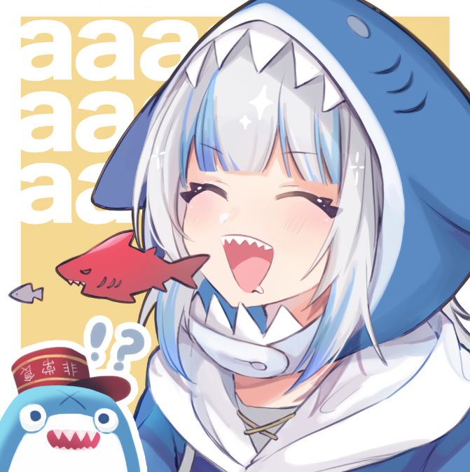 !?, 1girl, ^_^, ^o^, bangs, bloop_(gawr_gura), blue_hair, blue_hoodie