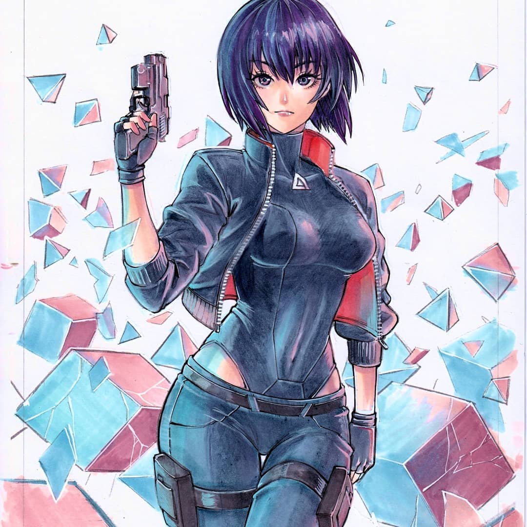 1girl, bangs, belt, black_eyes, black_gloves, blue_pants, breasts, covered_navel, cowboy_shot, crack, cube, fingerless_gloves, ghost_in_the_shell, ghost_in_the_shell:_sac_2045, gloves, gun, holding, holding_gun, holding_weapon, jacket, kusanagi_motoko, long_sleeves, looking_at_viewer, medium_breasts, open_clothes, open_jacket, pants, purple_hair, rodrigo_yoshimiya, short_hair, solo, tetrahedron, traditional_media, weapon