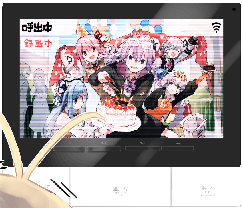 >_<, 1boy, 6+girls, animal_ears, antenna_hair, apron, balloon, banner