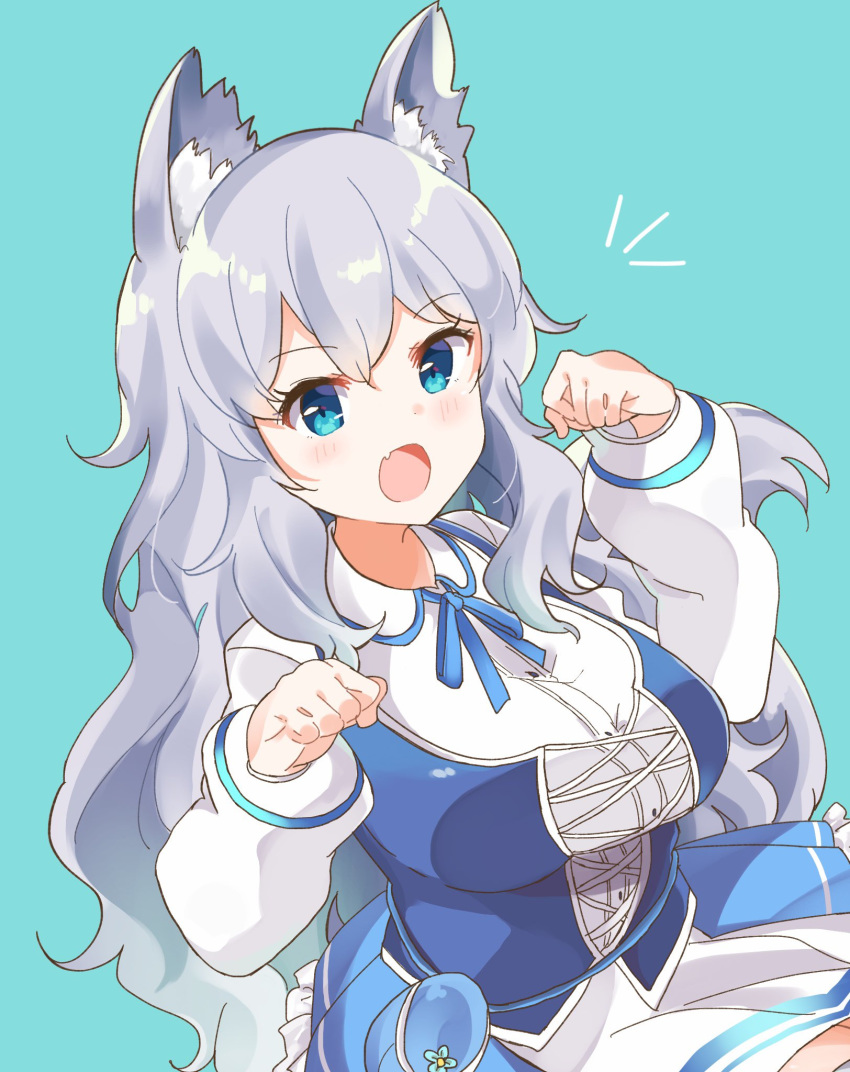 1girl, :o, animal_ear_fluff, animal_ears, aqua_background, blue_eyes, blue_skirt, breasts