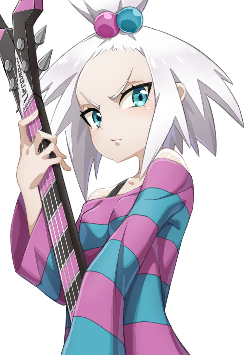 1girl, aqua_eyes, bare_shoulders, breasts, closed_mouth, commentary_request, eyelashes, guitar