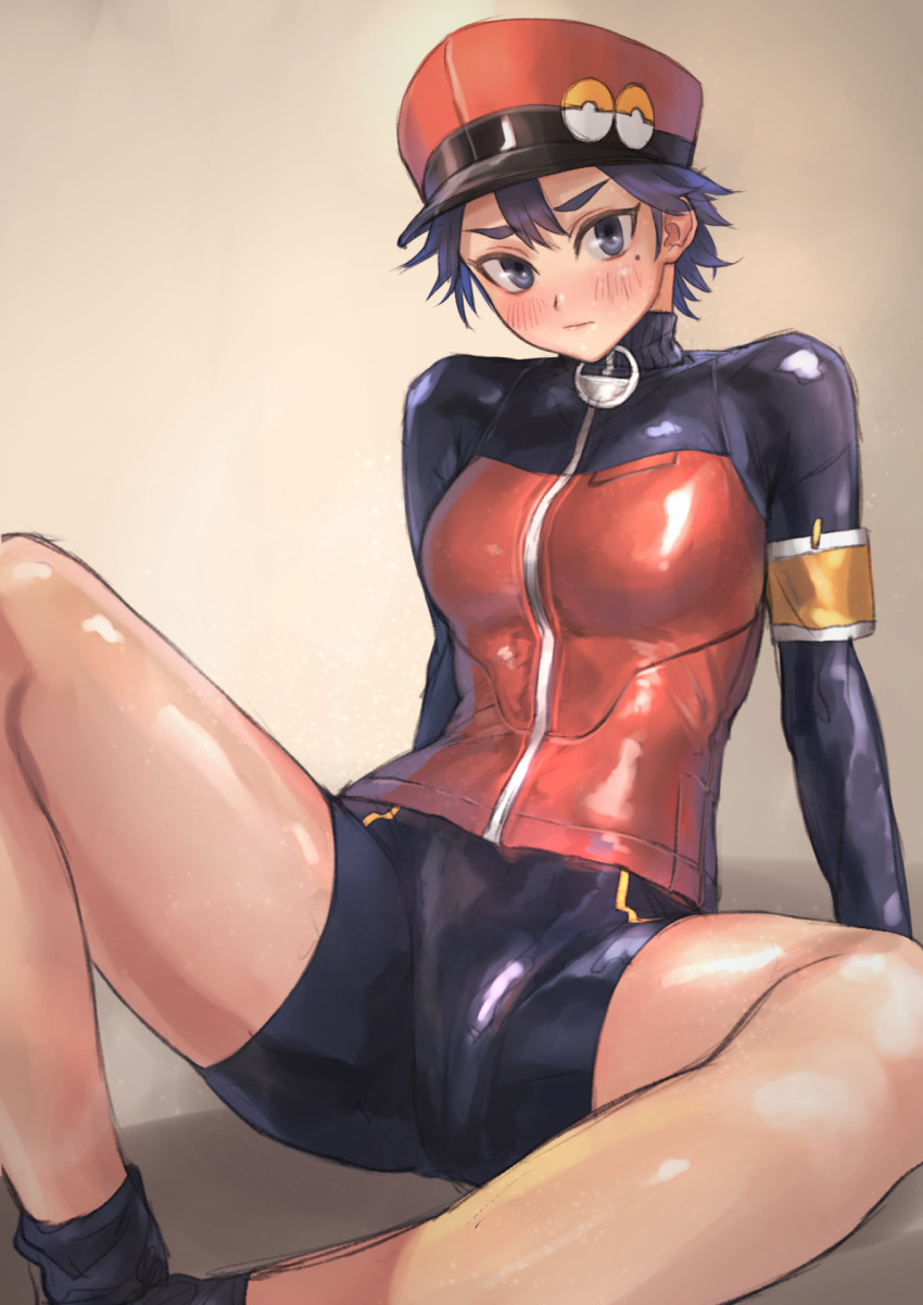 1girl, arm_support, armband, bangs, bike_shorts, blush, breasts, closed_mouth