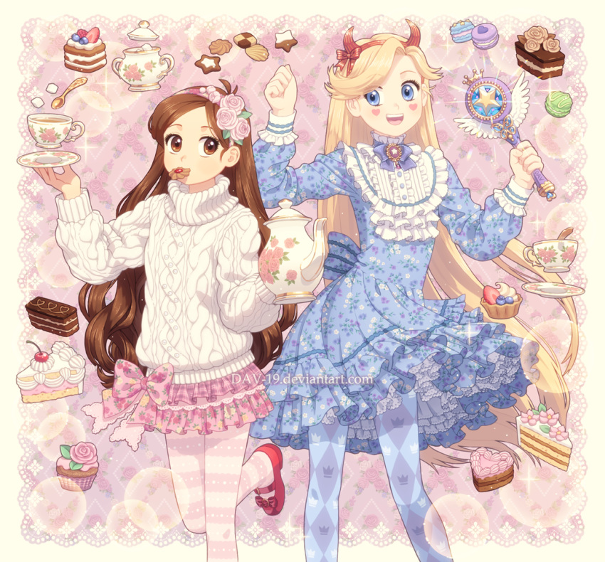 2girls, :d, aran_sweater, back_bow, blonde_hair, blue_dress, blue_eyes, blue_legwear