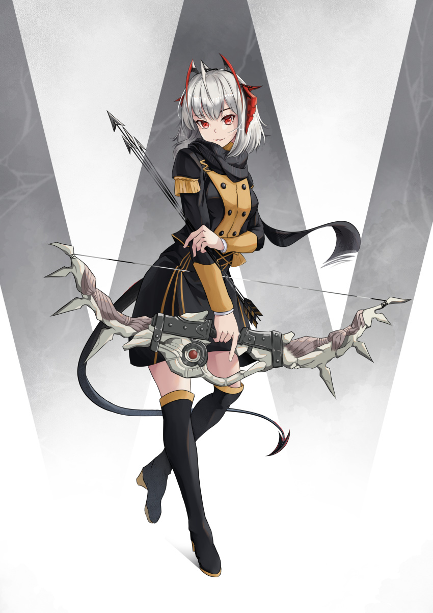 1girl, absurdres, ahoge, antennae, arknights, arrow_(projectile), bangs, black_footwear, black_jacket, black_scarf, black_skirt, boots, bow_(weapon), commentary, failnaught_(fire_emblem), fire_emblem, fire_emblem:_three_houses, full_body, garreg_mach_monastery_uniform, head_tilt, highres, holding, holding_arrow, holding_bow_(weapon), holding_weapon, horns, jacket, long_sleeves, looking_at_viewer, miniskirt, parted_lips, red_eyes, scarf, short_hair, silver_hair, skirt, skirt_set, smile, solo, tail, tao_(t_a_o), w_(arknights), weapon