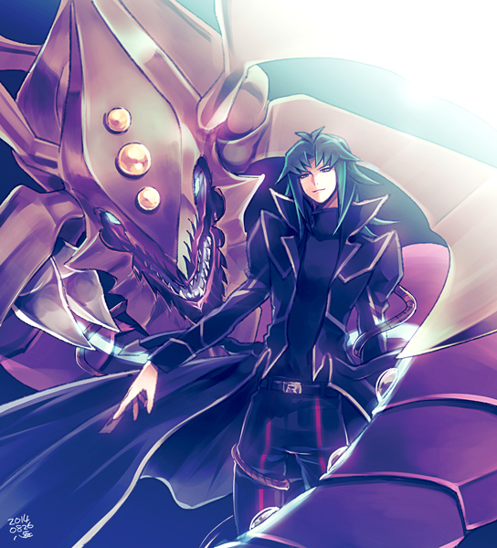 1boy, belt_buckle, black_coat, black_pants, buckle, coat, commentary_request, cyberdark_dragon, dated, dragon, duel_monster, long_sleeves, looking_at_viewer, male_focus, marufuji_ryou, pants, smile, standing, yamori_(ymrr), yuu-gi-ou, yuu-gi-ou_gx