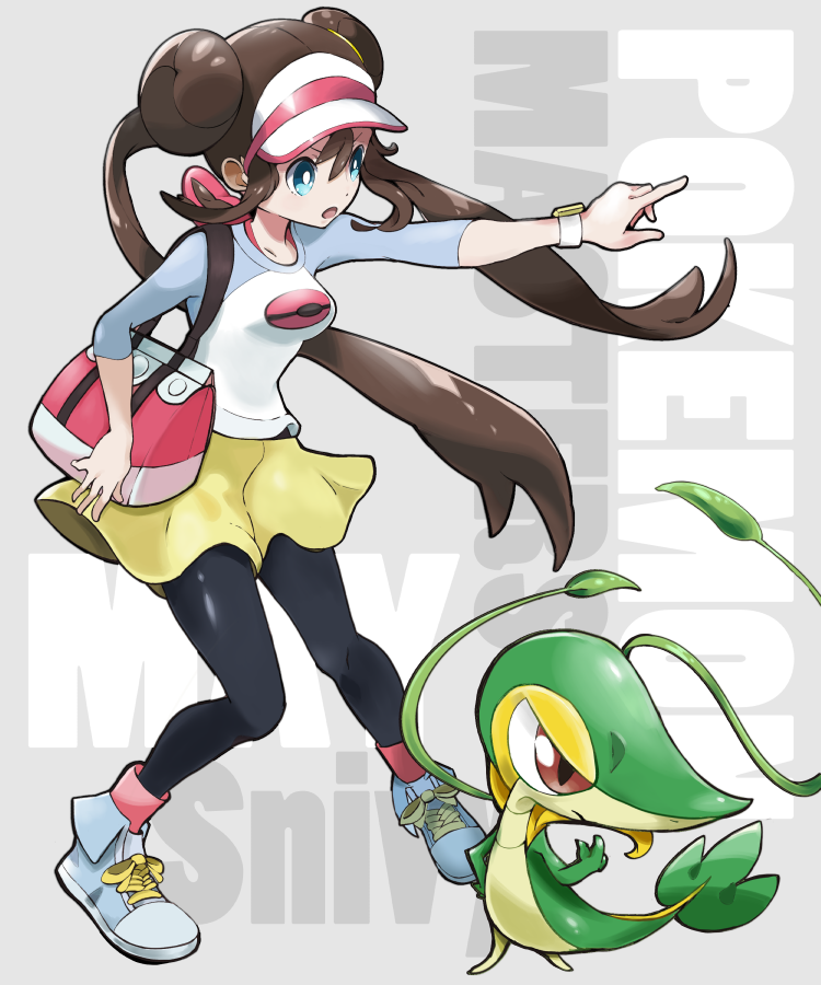 1girl, animal, bag, bangs, black_legwear, blue_eyes, bow, breasts, brown_hair, commentary_request, copyright_name, creatures_(company), double_bun, furofuroppi, game_freak, gen_5_pokemon, hair_between_eyes, hand_up, handbag, human, knees, legs_apart, legwear_under_shorts, long_hair, mei_(pokemon), nintendo, olm_digital, open_mouth, pantyhose, pink_bow, pointing, pokemon, pokemon_(anime), pokemon_(creature), pokemon_(game), pokemon_bw2, pokemon_masters_ex, raglan_sleeves, reptile, rosa_(pokemon), shirt, shoes, short_shorts, shorts, sidelocks, snake, sneakers, snivy, starter_pokemon, the_pokemon_company, twintails, very_long_hair, visor_cap, yellow_shorts