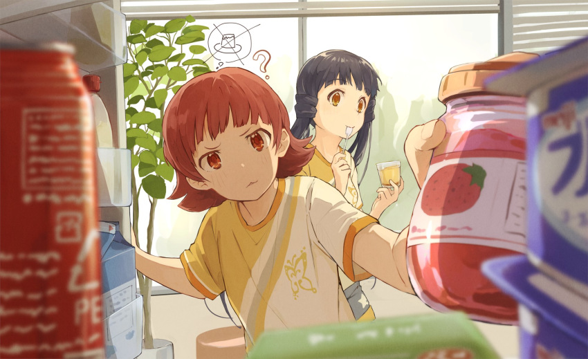 2girls, :3, ?, bangs, black_hair, blue_hair, blunt_bangs, blurry_foreground