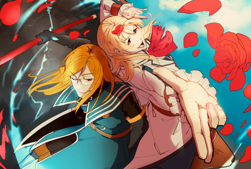 2boys, :d, black_gloves, blonde_hair, commentary_request, crossover, eiyuu_densetsu, elbow_gloves
