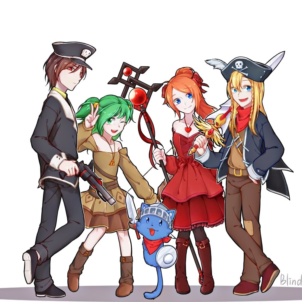 2boys, 2girls, :d, anna_(epic_battle_fantasy), black_jacket, black_pants, blind.falconer, blonde_hair