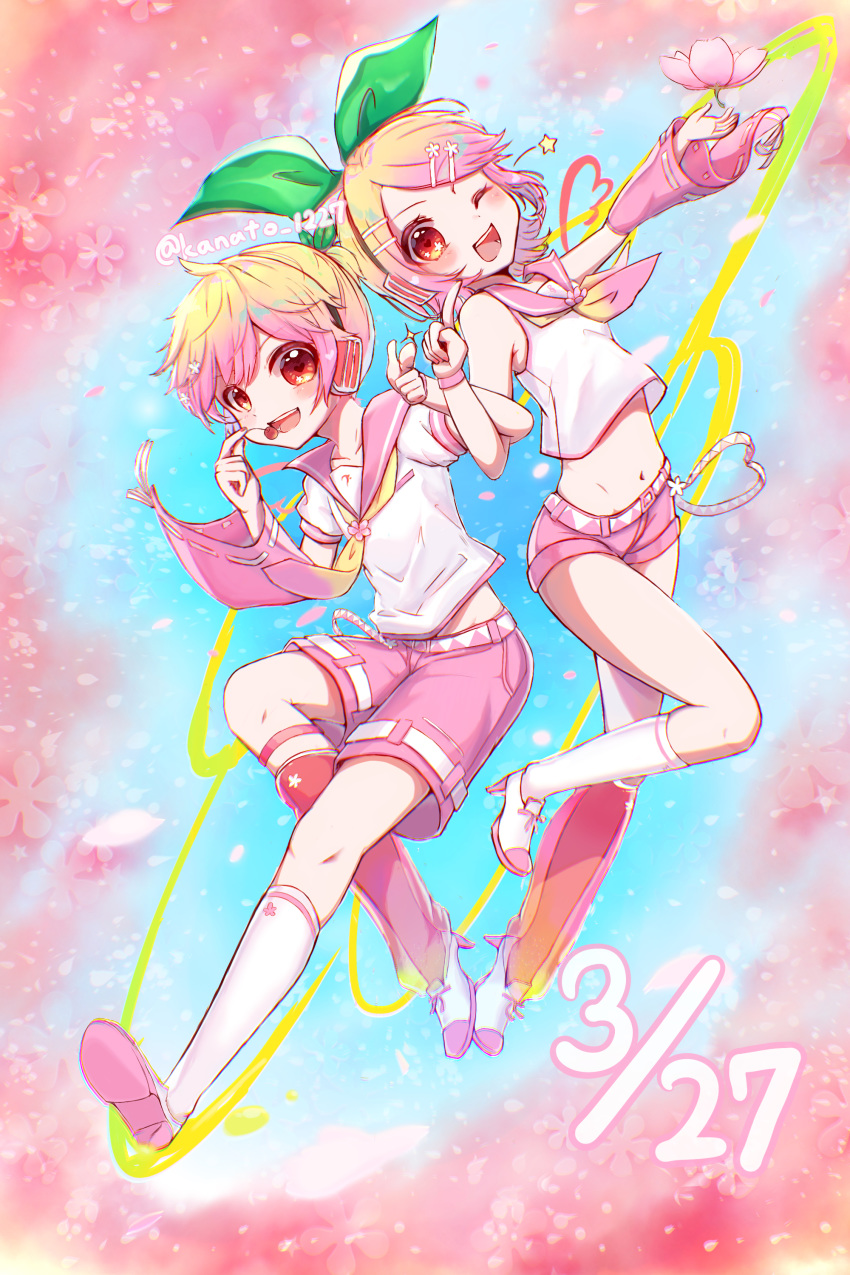 1girl, absurdres, arm_warmers, asymmetrical_sleeves, bangs, belt, blonde_hair, bow, cherry, cherry_blossoms, collar, commentary, crop_top, dated, flower, food, fruit, gradient_hair, green_bow, hair_bow, hair_ornament, hairclip, headphones, heart, heart-shaped_pupils, high_heels, highres, holding, holding_food, holding_fruit, index_finger_raised, kagamine_len, kagamine_rin, kanato_1227, kneehighs, looking_at_viewer, mismatched_footwear, multicolored_hair, one_eye_closed, open_mouth, petals, pink_background, pink_collar, pink_eyes, pink_flower, pink_hair, pink_legwear, pink_shorts, pink_sleeves, sailor_collar, school_uniform, shirt, short_hair, short_ponytail, short_shorts, short_sleeves, shorts, single_arm_warmer, single_leg_warmer, single_sleeve, smile, solo, spiky_hair, star_(symbol), swept_bangs, symbol-shaped_pupils, vocaloid, white_shirt, wristband