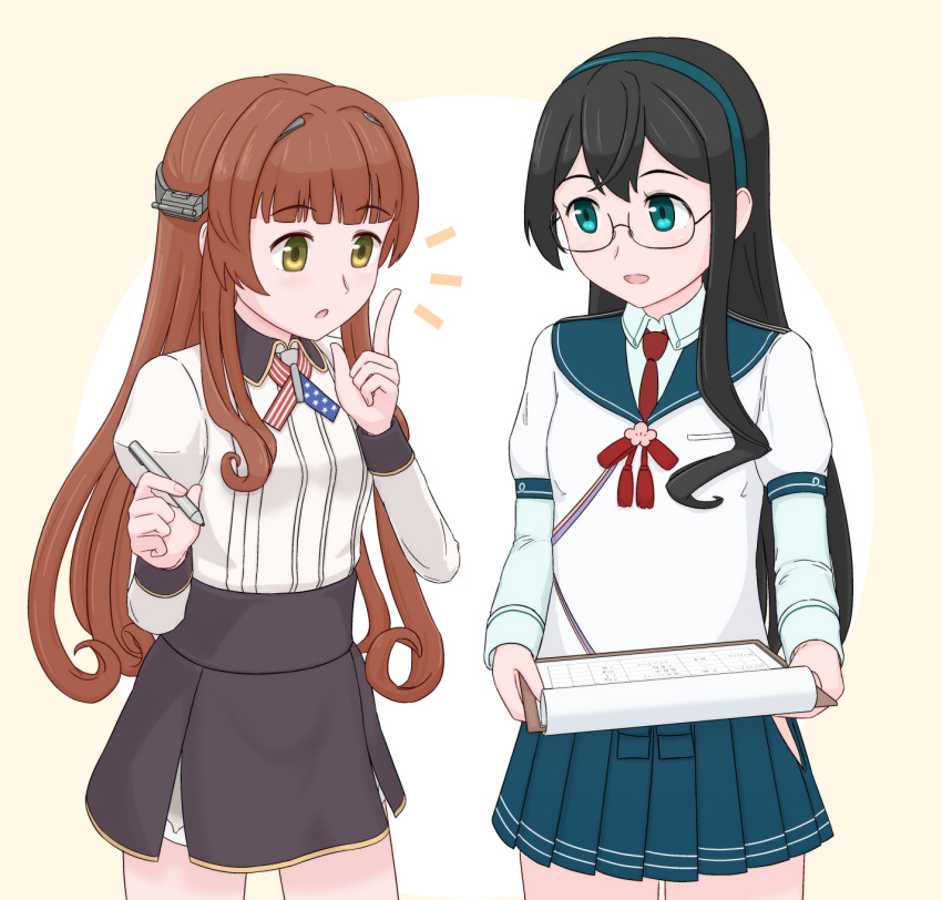 2girls, american_flag_neckwear, bangs, black_hair, blue_eyes, blue_hairband, blue_sailor_collar, blunt_bangs