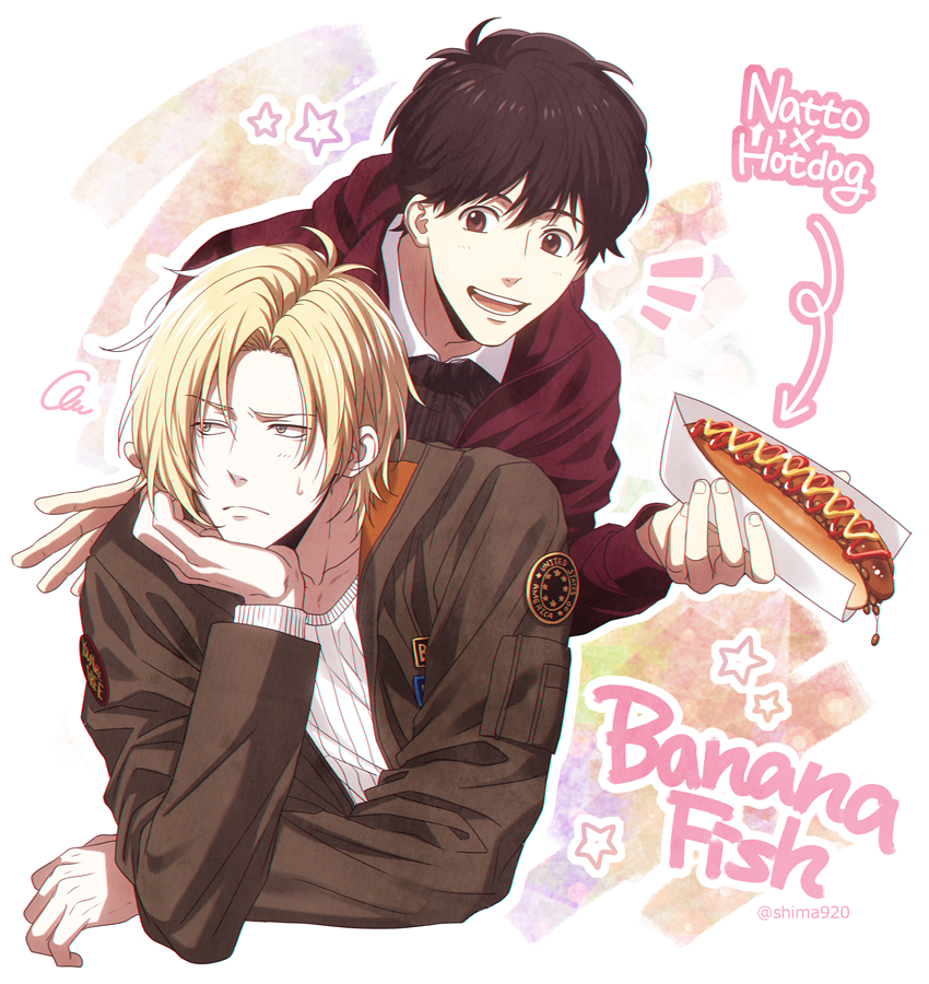 2boys, :d, arrow_(symbol), ash_lynx, banana_fish, bangs, black_hair, blonde_hair