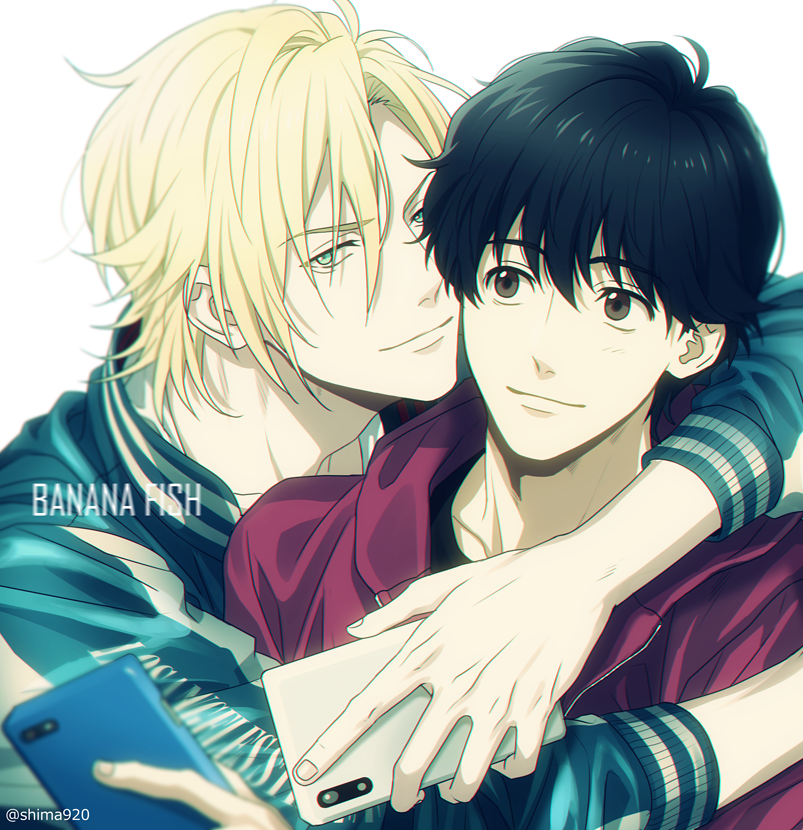 2boys, ash_lynx, banana_fish, bangs, black_hair, blonde_hair, blurry, brown_eyes, cellphone, closed_mouth, clothes_writing, commentary_request, copyright_name, couple, depth_of_field, green_eyes, green_jacket, grey_background, holding, holding_phone, hug, jacket, looking_at_another, looking_at_viewer, male_focus, mashima_shima, multiple_boys, okumura_eiji, phone, red_jacket, short_hair, simple_background, smartphone, smile, twitter_username, upper_body, yaoi