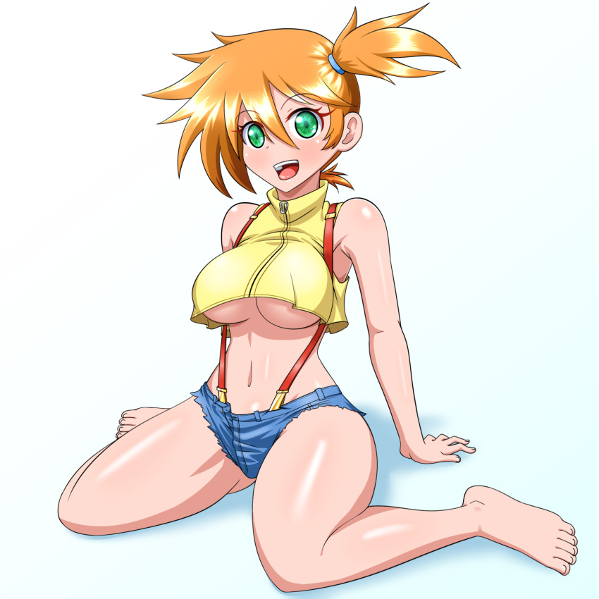 1girl, barefoot, breasts, green_eyes, gym_leader, highres, looking_at_viewer, midriff, misty_(pokemon), navel, open_mouth, orange_hair, pokemon, pokemon:_the_electric_tale_of_pikachu, short_hair, shorts, side_ponytail, simple_background, smile, solo, suspenders, under_boob, yensh