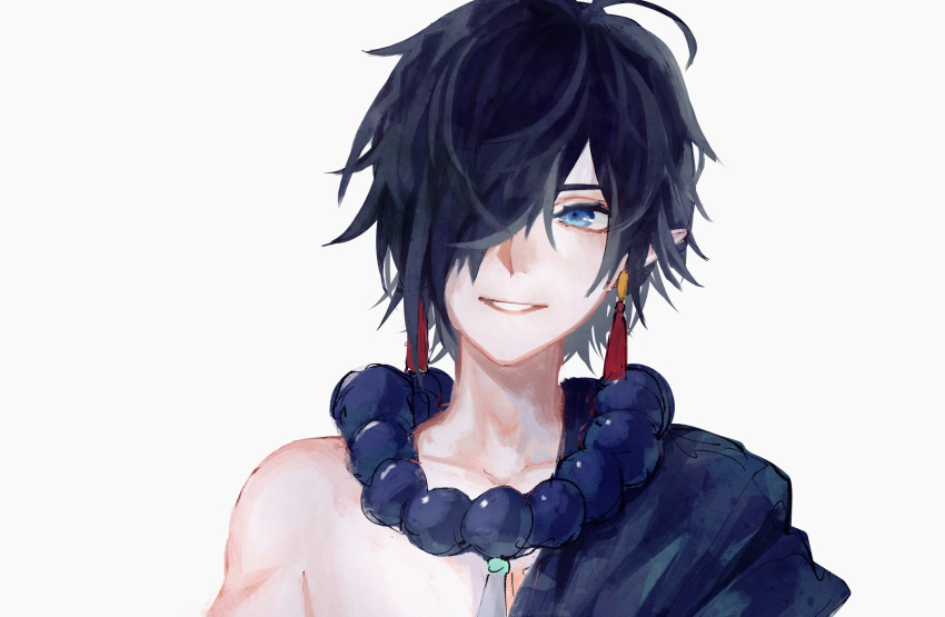 1boy, absurdres, bare_shoulders, bead_necklace, beads, black_hair, blue_eyes, collarbone, earrings, face, grey_background, hair_over_one_eye, highres, jewelry, male_focus, necklace, original, parted_lips, pointy_ears, shion_(reira), simple_background, smile, solo, upper_body