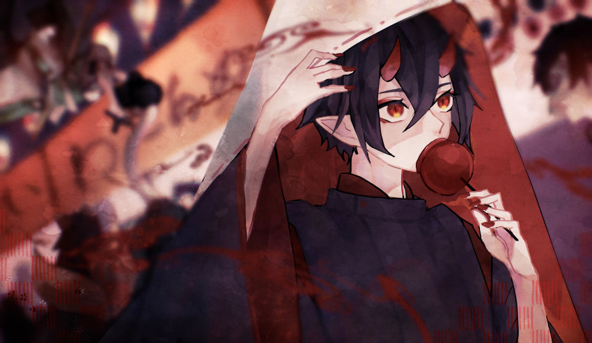 1boy, absurdres, black_hair, blurry, blurry_background, candy, candy_apple, eyeshadow