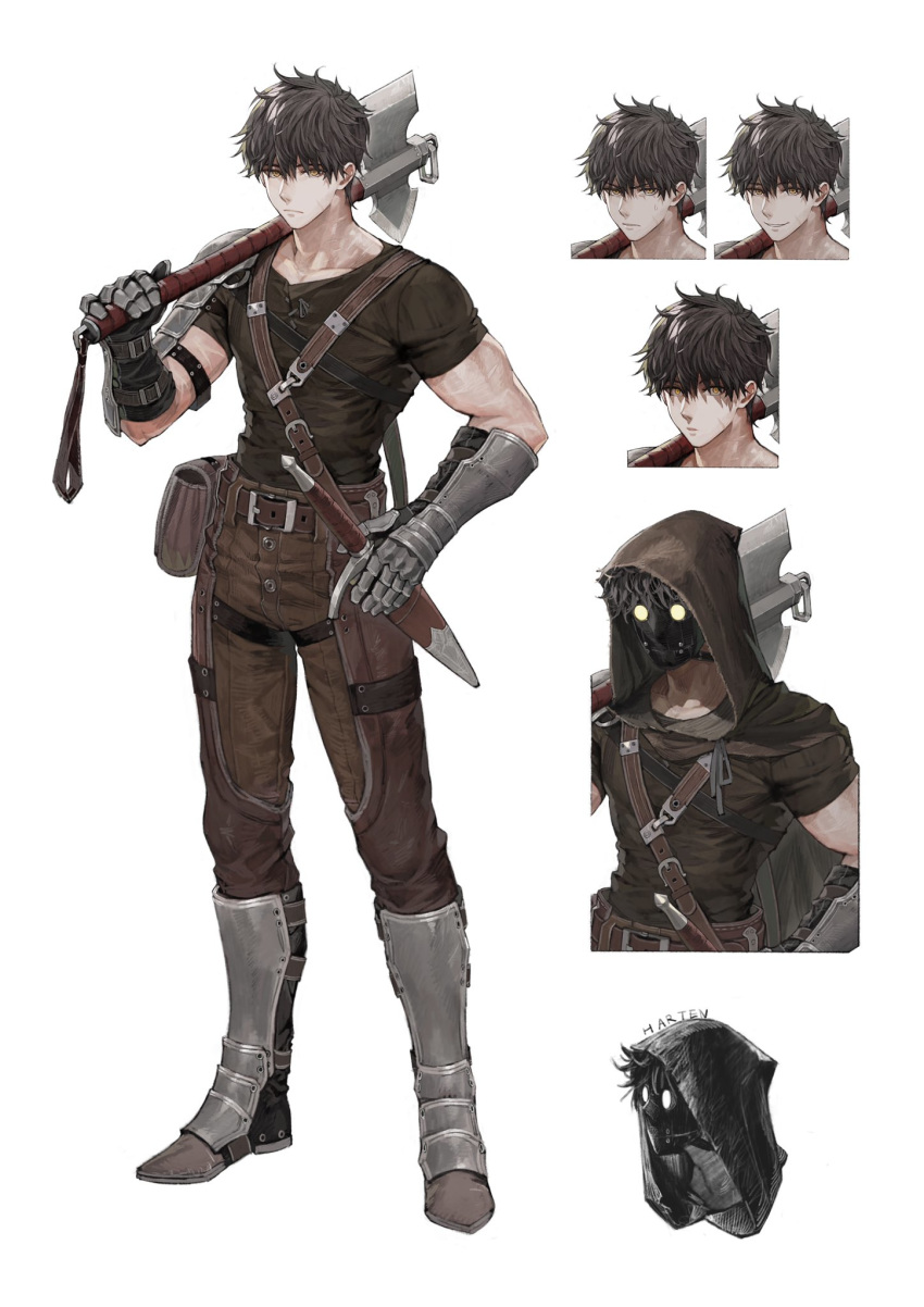 1boy, armored_boots, axe, belt, belt_pouch, boots, brown_hair, character_sheet, commentary_request, dagger, expressionless, facial_scar, gauntlets, harten_sieg_filbrio, highres, holding, holding_axe, holding_weapon, hood, jun_(seojh1029), mask, original, pants, pouch, scar, scar_on_cheek, sheath, sheathed, short_hair, short_sleeves, smile, solo, sweatdrop, weapon, white_background, yellow_eyes