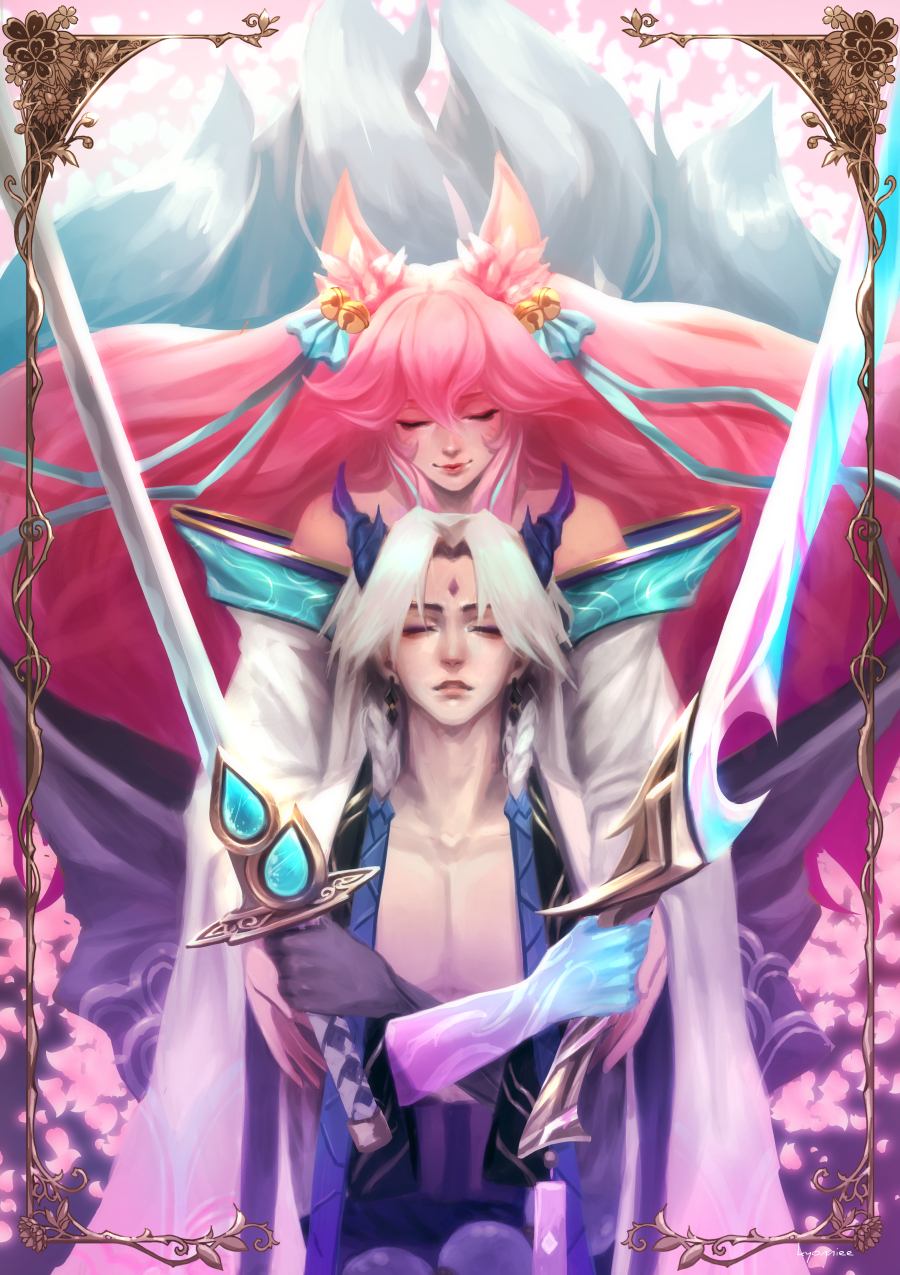 1boy, 1girl, ahri, animal_ear_fluff, animal_ears, artist_name, bare_chest, bare_shoulders, bell, border, braid, closed_eyes, closed_mouth, collarbone, dual_persona, facial_mark, fox_ears, fox_tail, hair_bell, hair_between_eyes, hair_ornament, highres, holding, holding_sword, holding_weapon, horns, kitsune, kyonniee, league_of_legends, long_hair, long_sleeves, multiple_tails, off_shoulder, parted_lips, petals, pink_hair, signature, smile, spirit_blossom_ahri, spirit_blossom_yone, sword, tail, weapon, whisker_markings, white_hair, wide_sleeves, yone_(league_of_legends)