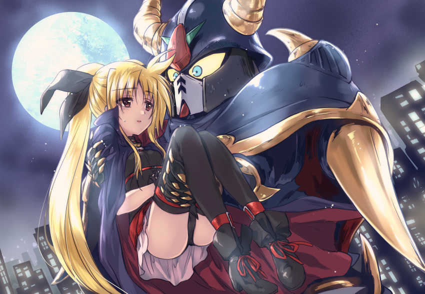 1girl, bangs, belt, black_cape, black_footwear, black_legwear, black_leotard, black_ribbon, black_sky, blonde_hair, boots, cape, carrying, cityscape, commentary_request, crossover, eyebrows_visible_through_hair, fate_testarossa, full_moon, gundam, hair_ribbon, highres, kuroi_mimei, leotard, light_smile, long_hair, looking_at_another, lyrical_nanoha, magical_girl, mahou_shoujo_lyrical_nanoha, moon, night, night_sky, parted_lips, pink_skirt, princess_carry, red_belt, red_eyes, ribbon, satan_gundam, sd_gundam, skirt, sky, sweatdrop, thigh-highs