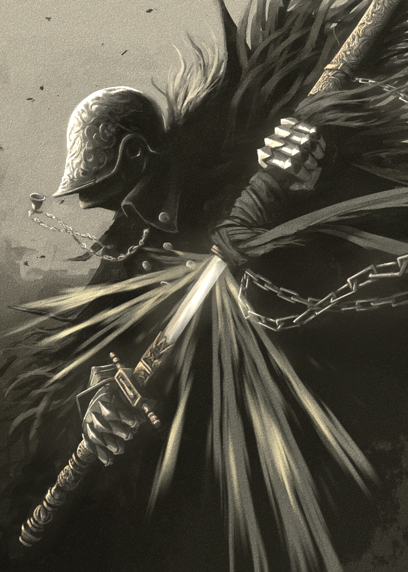 1other, armor, bloodborne, bloody_crow_of_cainhurst, chain, fur_trim, gauntlets, grey_hair