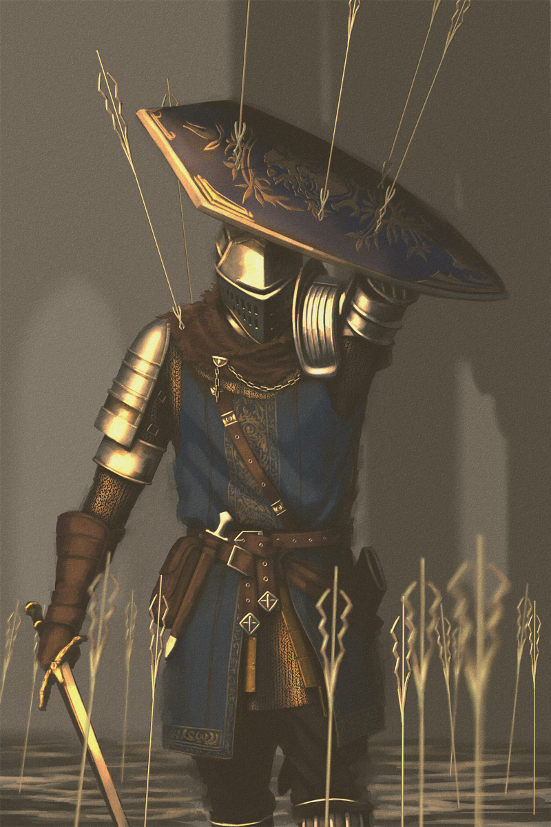 1boy, arm_up, armor, arrow_(projectile), belt, belt_pouch, blocking, blurry, blurry_background, brown_gloves, chain, chainmail, dagger, dark_souls, dark_souls_iii, gloves, helm, helmet, highres, holding, holding_sword, holding_weapon, male_focus, pauldrons, pouch, scabbard, sheath, sheathed, shield, shoulder_armor, skiba, solo, souls_(from_software), sword, torn_clothes, unsheathed, walking, weapon