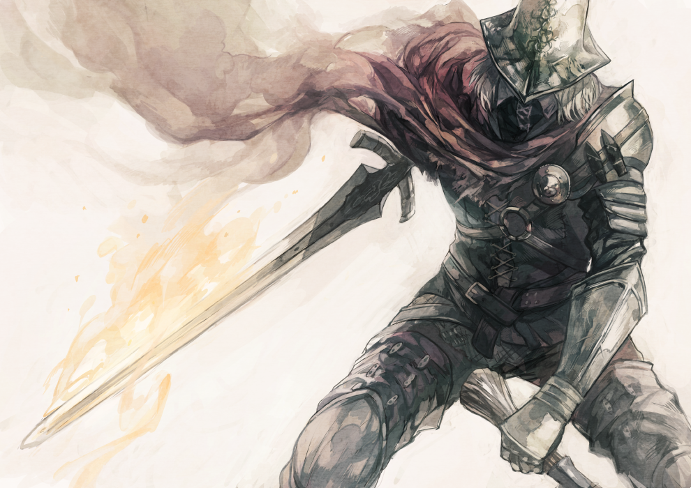 1boy, abyss_watcher, armor, belt, cape, dagger, dark_souls_iii, dual_wielding