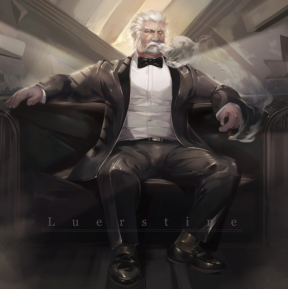 1boy, black_bow, black_footwear, black_pants, bow, bowtie, chair, cigar, formal, heterochromia, indoors, long_sleeves, luer_qing, male_focus, overwatch, pants, reinhardt_(overwatch), scar, scar_across_eye, shoes, sitting, smoking, solo, suit, yellow_eyes