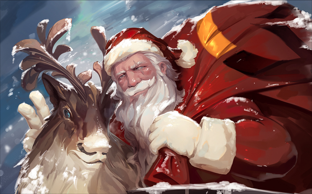 1boy, beard, christmas, facial_hair, gloves, hat, looking_at_viewer, luer_qing