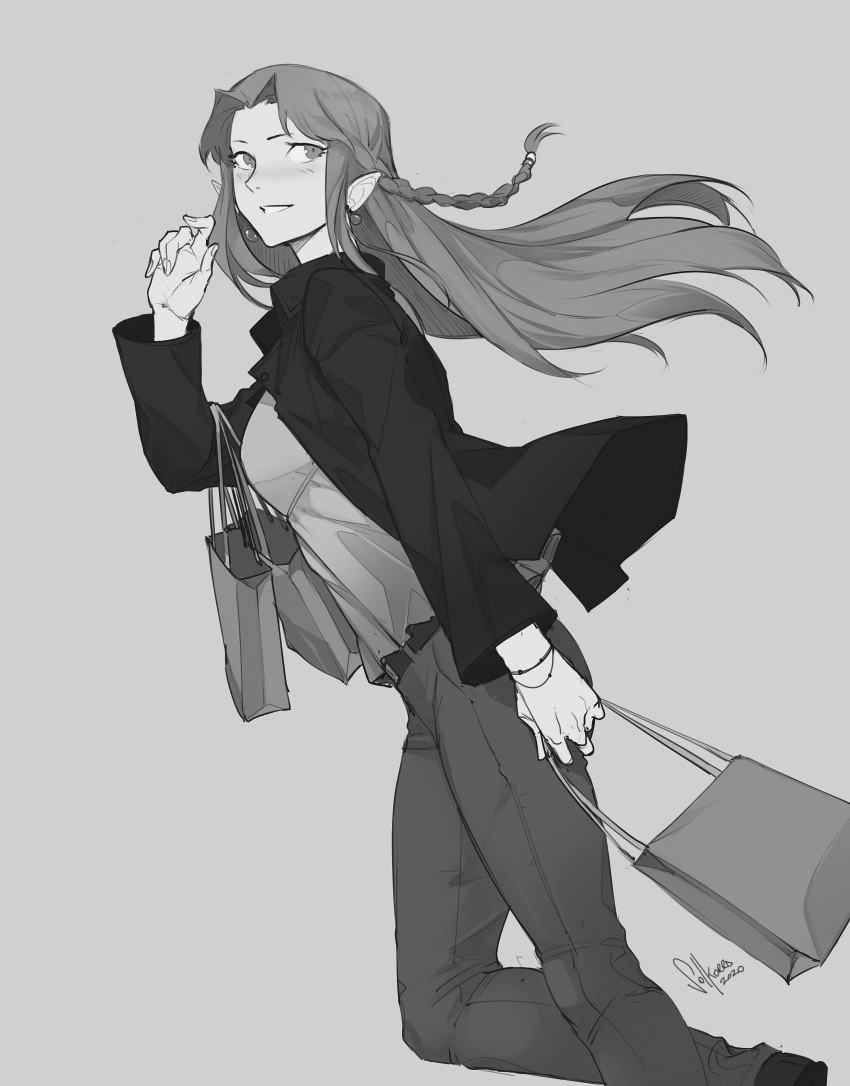 1girl, absurdres, alternate_costume, bag, belt, blush, bracelet, carrying_bag