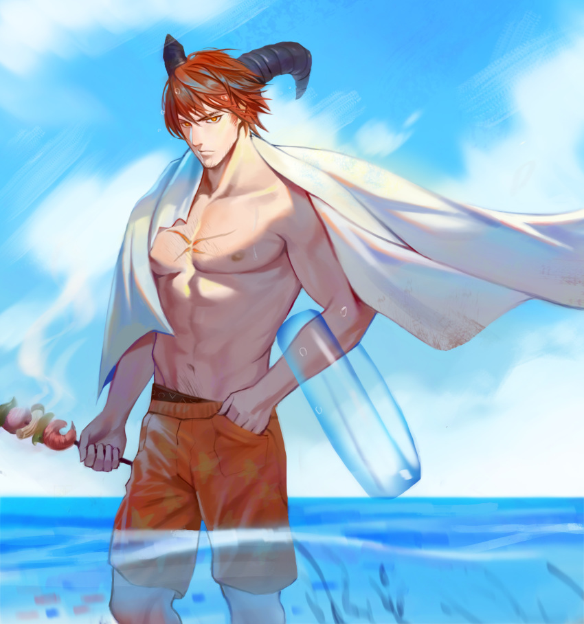 1boy, absurdres, black_horns, chest_scar, day, food, hand_in_pocket, highres