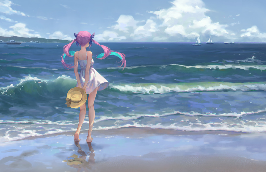 1girl, arms_behind_back, bare_arms, bare_legs, bare_shoulders, barefoot, beach, blue_hair