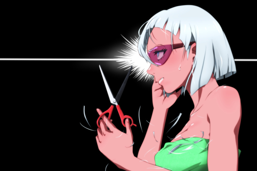 1girl, blue_eyes, cutting_hair, decadence_(anime), genya_(genya67), goggles, highres, jill_(decadence)