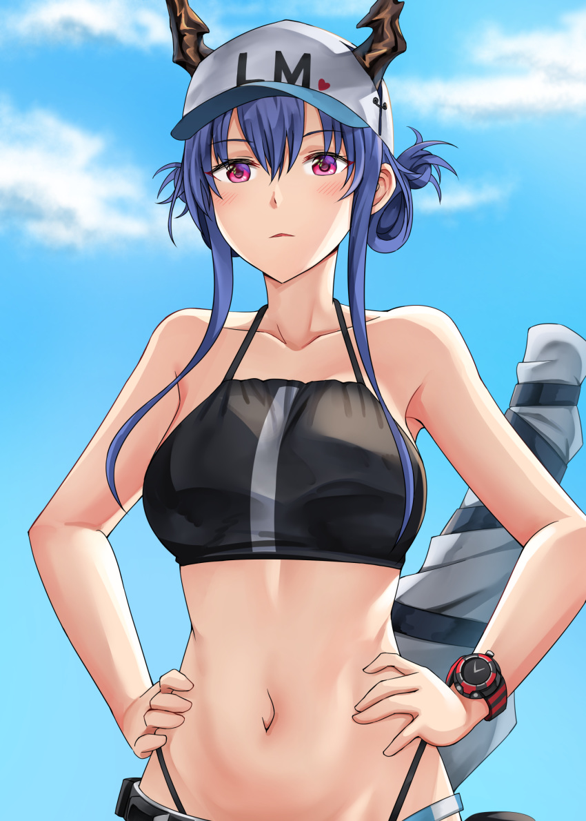 1girl, arknights, bangs, bare_arms, bare_shoulders, baseball_cap, bikini, black_bikini