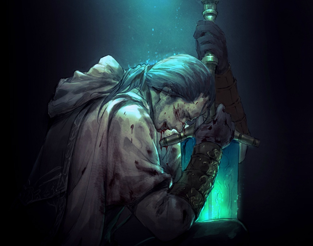 1boy, alternate_form, black_gloves, bleeding, blood, blood_on_face, bloodborne, bloody_clothes, bracer, cape, chinese_commentary, closed_eyes, commentary_request, gloves, glowing, glowing_sword, glowing_weapon, greatsword, hair_pulled_back, hands_on_hilt, head_down, holy_moonlight_sword, hood, hood_down, light_particles, light_rays, long_hair, ludwig_the_accursed, male_focus, planted_sword, planted_weapon, ponytail, profile, smile, solo, sunny_(mnbvjkuy), sword, upper_body, weapon, white_cape