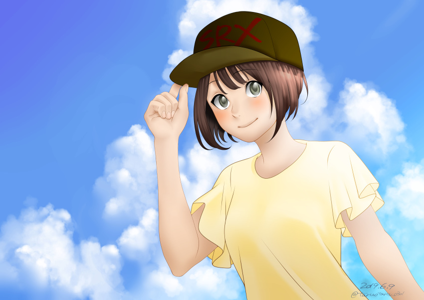absurdres, asagi_akira_(scared_rider_xechs), baseball_cap, blue_sky, brown_hair, brown_headwear, clouds, dated