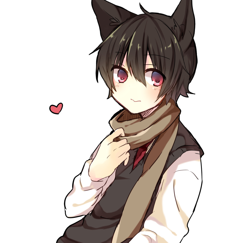 1boy, 1o_(ichio), animal_ears, black_hair, black_vest, brown_scarf, hair_between_eyes, heart, highres, jiche, little_red_hood, scarf, shirt, simple_background, smile, solo, sweater_vest, vest, white_background, white_shirt